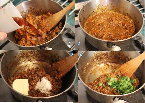 倒入紅酒及水，以鹽、胡椒調味，轉小火，蓋蓋慢燉約30分鐘。30分鐘後已經有些收汁，加入奶油、起士粉和義大利香菜，熄火，拌勻放涼備用。