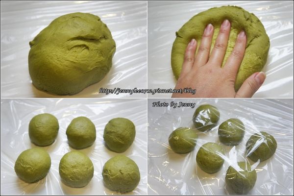 麵糰中的空氣用手壓下去擠出來，將麵糰分割成6等份滾圓，鋪上一層保鮮膜以防乾燥，再蓋上擰乾的濕布鬆弛20分鐘。