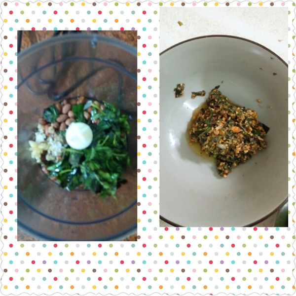 製作青醬:當天把九層塔葉洗淨切碎放入攪拌機內，放入花生等所有調味料，高速攪碎為止，取出。