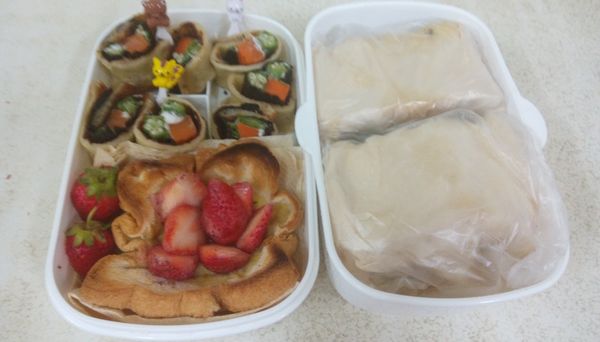 這是我這次野餐日準備野餐盒，蔥土司壽司卷，法式青醬雞肉三明治，草莓布丁土司塔。