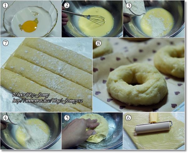 〈1〉將蛋和鮮奶放入容器中，用打蛋器攪拌混合均勻，加入鬆餅粉用刮刀以切拌方式混合均勻，大致混勻後用手搓揉成麵糰狀。【如圖1~5】