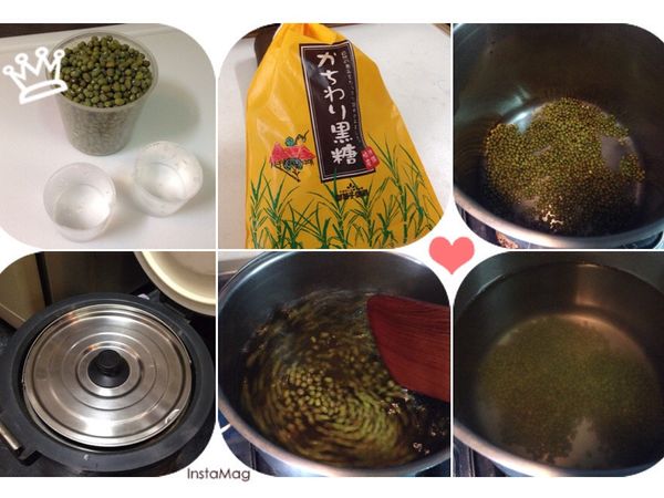 1.綠豆稍洗一下
2.放鍋內中小火翻炒讓水份蒸發後，放20CC的水炒乾，再放一次20CC的水炒乾
3.放入3,000CC的水煮滾後，放燜燒鍋45～60分鐘
4.起鍋依喜歡的甜度加入適量的黑糖
5.待涼放冰箱冷藏，隔天即可招待客人