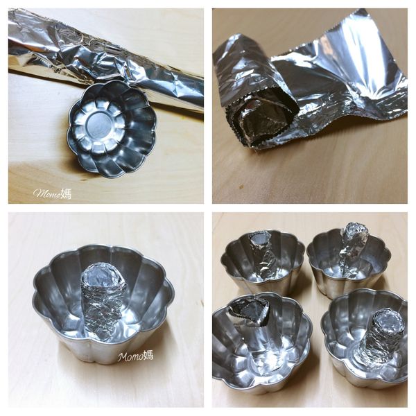 有甜甜圈烤模的可以使用甜甜圈烤模來烘烤、我是用自家現有的布丁模、再將鋁箔紙圈起作成中間的中柱