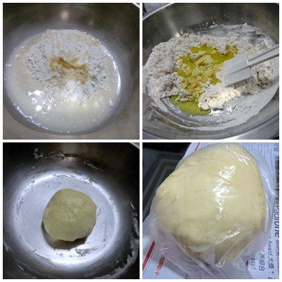 步驟3外皮的部分把中筋麵粉,糖,水.無鹽奶油攪拌在一起,揉成面團,這個可以柔比較久一點喔!!