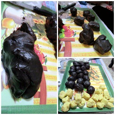 步驟4將烏豆沙分成30等份一個30克左右,也將內皮的部分分成30等份10克或11克左右