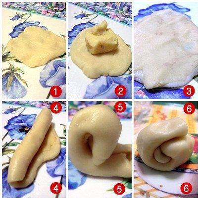 步驟6
1把外皮也分完30份之後
2外皮壓扁把內皮放在上面
3兩個一起壓扁
4捲起來
5再把兩邊捲起來
6完成