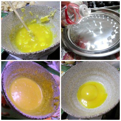 步驟8
再要烘烤的容器上倒入一點點的沙拉油用餐巾紙擦拭,這樣等等蛋黃酥烘烤時就不會黏在上面!
蛋液的部分:把2顆蛋的蛋黃倒入碗中再加入一小湯匙的食用奶油,兩個攪拌再一起