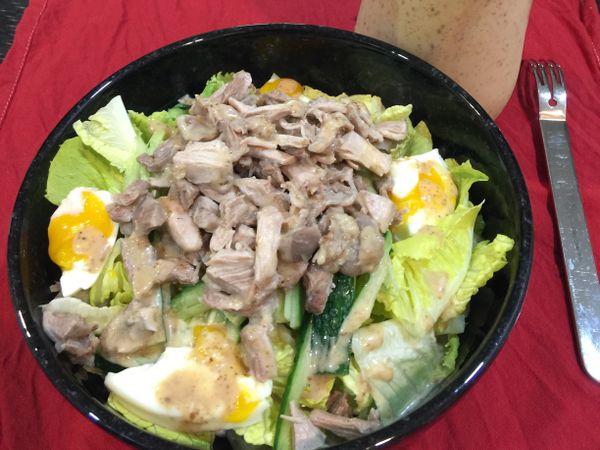 依序放入生菜、小黃瓜、雞肉，半熟蛋裝飾在旁邊，淋上胡麻沙拉醬即完成