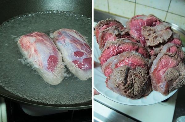 牛腱洗淨後汆燙6分鐘去血水，切片備用。