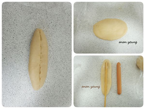 把麵糰捍成橢圓型後，上、和下面往中間折，然後黏合收口。反轉正面用筷子在中間壓成凹槽放進香腸。