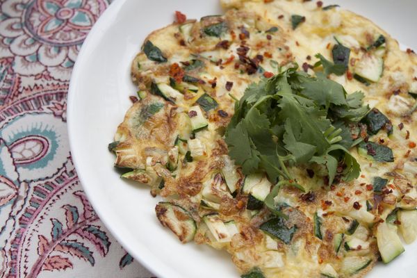 撒上香菜與辣椒粉，櫛瓜煎蛋上桌了!