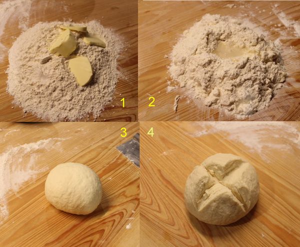 1.中筋麵粉420g，0.5小匙鹽和100g奶油用切刀混合均勻。 2.將240cc冰水倒入並繼續混合。快速揉捏成光滑有彈性麵糰。控制在較低的溫度是製作酥皮的重點。 3.麵糰中揉成球形，並在其頂部切出十字切口。 4.將麵團密封在塑膠袋，放在冰箱中冷藏20分鐘以上