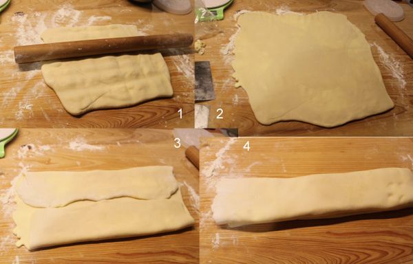 用桿麵棍壓開及桿薄麵糰。折疊各四分之一的正方形的兩個邊，再對折成長長的矩形。將麵糰用塑膠袋包裝蓋住，放在冰箱冷藏20分鐘。