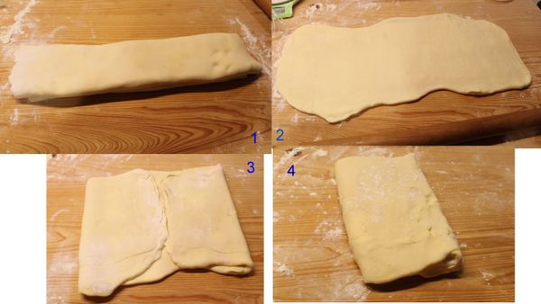 從冰箱中取出麵團，重複步驟5，桿平、折疊、冷藏，共再做3-4次。如果總共做了4次，(2 + 2)^4 = 256層