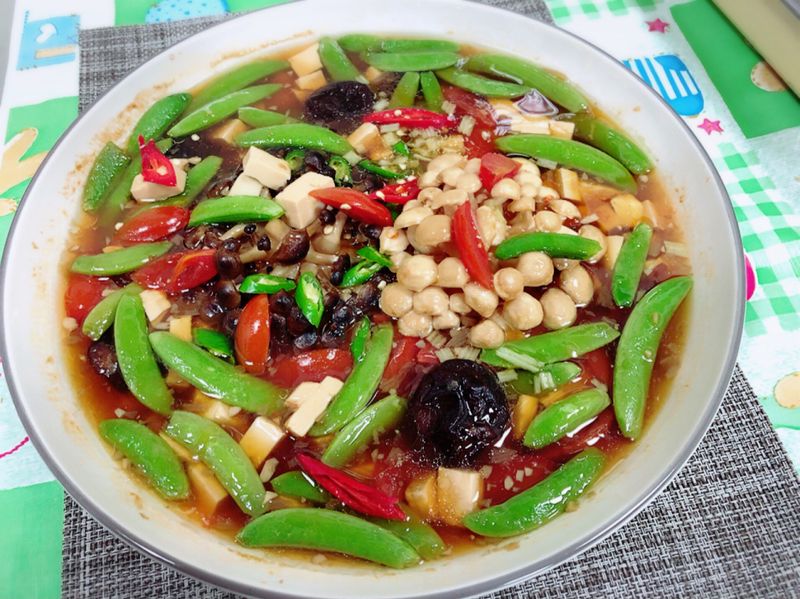 菇菇燴豆腐佐甜豆(水波爐料理)