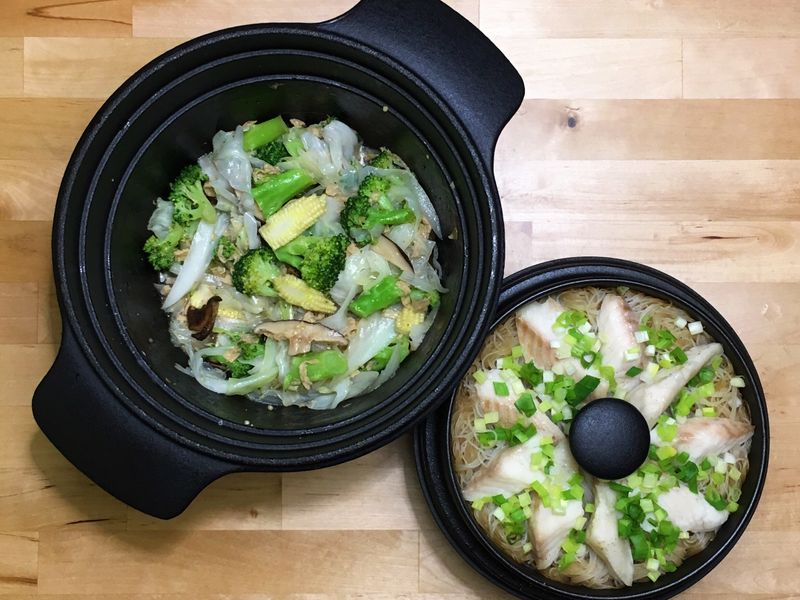 蒜風味水炒蔬菜+米粉蒸魚片