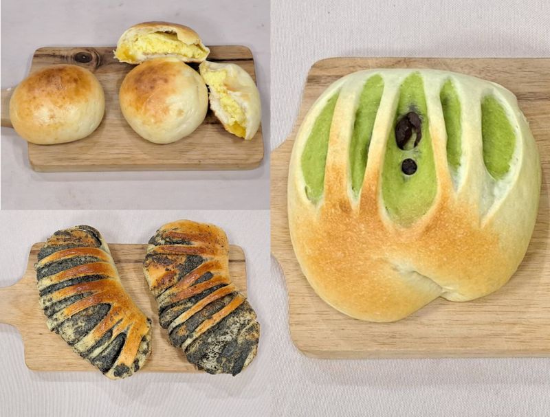 奶酥麵包、黑芝麻麵包、抹茶紅豆哈斯麵包