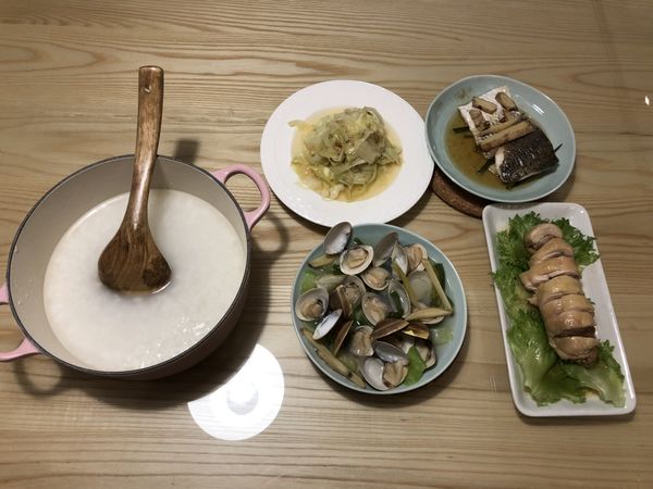 海陸蒸雞捲+蛤蜊絲瓜+蒸鱸魚片+炒高麗菜