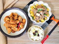 香筍飯+粉蒸排骨+鹹酥雞。牛頭牌厲害電鍋