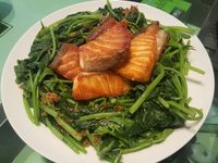 乾煎鮭魚佐XO醬地瓜葉