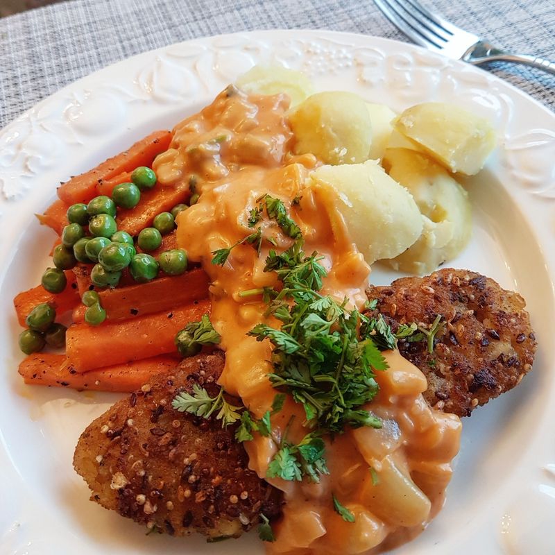 香酥魚排佐芥末醬vs.豌豆紅蘿蔔